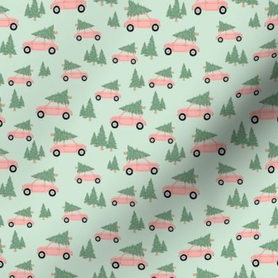 Cars with Christmas Trees - Pink on Mint, Small Scale