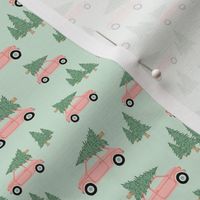 Cars with Christmas Trees - Pink on Mint, Small Scale