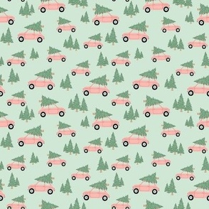 Cars with Christmas Trees - Pink on Mint, Small Scale