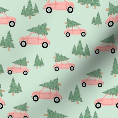 Cars with Christmas Trees - Pink on Mint, Medium Scale