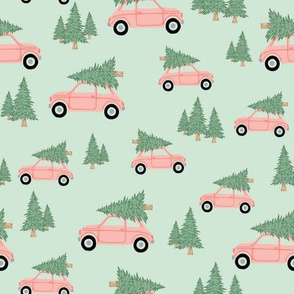 Cars with Christmas Trees - Pink on Mint, Medium Scale