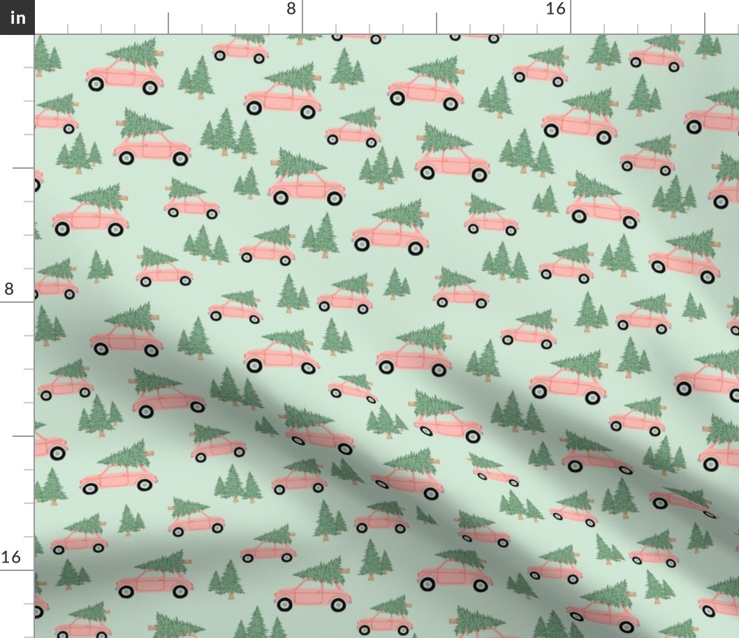 Cars with Christmas Trees - Pink on Mint, Medium Scale