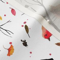 Watercolor Birds branches Autumn Fall Red White Tea towel