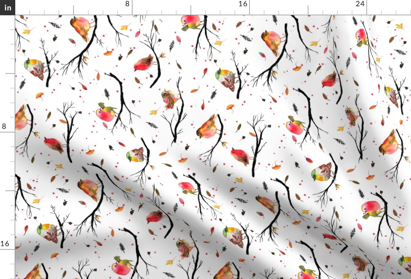 Watercolor Birds branches Autumn Fall Red White Tea towel