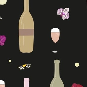 Colorful Champagne Bottle and Glass of Champagne With Orchid Pattern