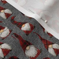 Red Buffalo Plaid Gnomes on Grey linen - extra extra small scale