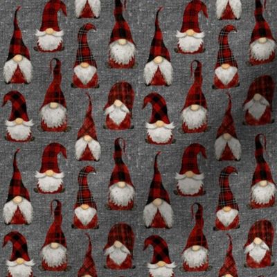 Red Buffalo Plaid Gnomes on Grey linen - extra extra small scale