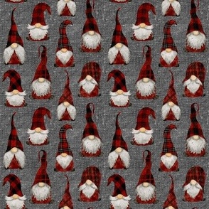 Red Buffalo Plaid Gnomes on Grey linen - extra extra small scale