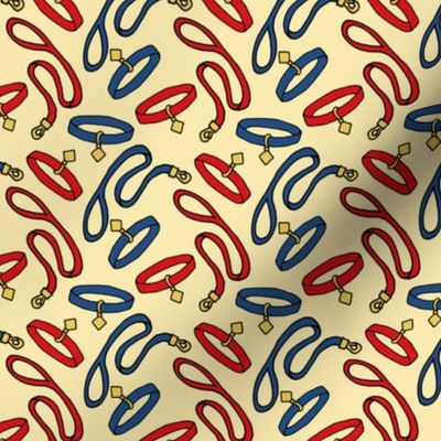 Leash and Collar Pattern in Blue and Red on Cream
