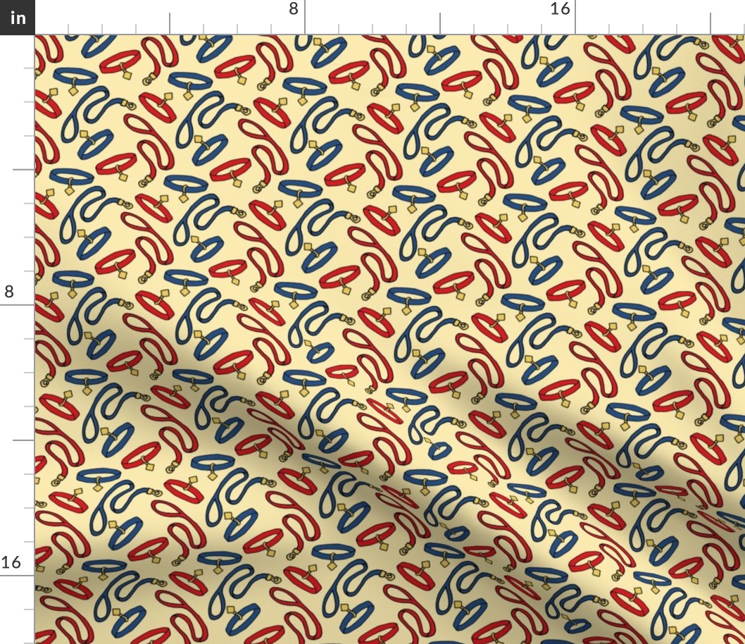 Leash and Collar Pattern in Blue and Red on Cream