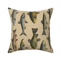 Vintage Fish on Camel Linen rotated - large scale
