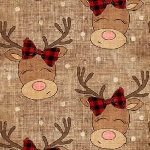 Reindeer Girl With Red Plaid Bow on Burlap - large scale
