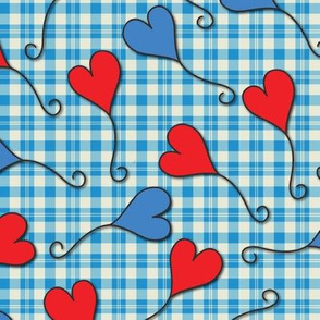 Red and Blue Hearts on Plaid