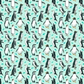 Extra Small Watercolor Penguins with little Teal Fish on Mint