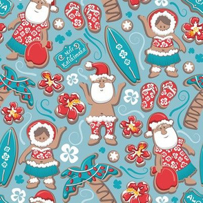 Small scale // Mele Kalikimaka Hawaiian Christmas gingerbread cookies // blue background blue holiday cookies