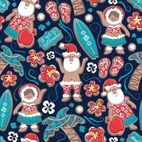 Small scale // Mele Kalikimaka Hawaiian Christmas gingerbread cookies // navy blue background blue holiday cookies