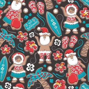 Small scale // Mele Kalikimaka Hawaiian Christmas gingerbread cookies // brown background blue holiday cookies
