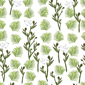 Tree, Birds and Palm Leaves Tropical Minimal Pattern