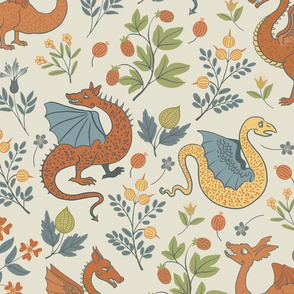 Large - Dragons and flowers - blue and orange