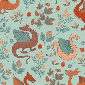 Large - Dragons and flowers - teal and red