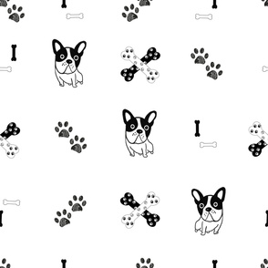 Hand Drawn Bulldog, Paw Print and Bones Hound Design Pattern