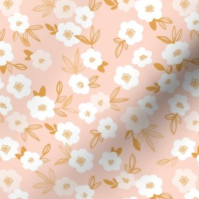 Sweet blossom garden romantic english liberty print flowers nursery white blush peach ochre yellow