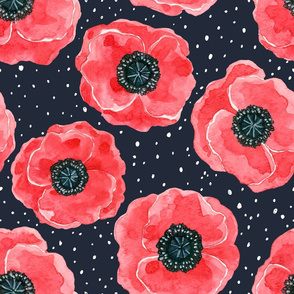 Red watercolor poppy pattern on black with white dots