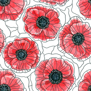 Red watercolor poppy pattern on white 2