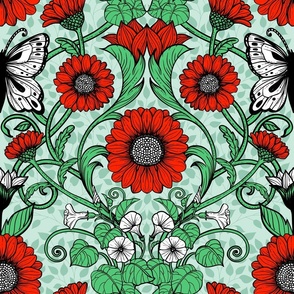 Art Nouveau daisies and butterflies