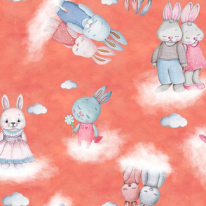 rabbits on clouds scattered orange coral FLWRT