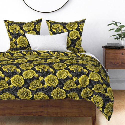 Night peony garden in yellow and gray, moody florals on dark background, normal size