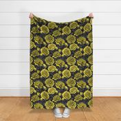 Night peony garden in yellow and gray, moody florals on dark background, normal size