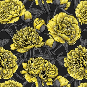 Night peony garden in yellow and gray, moody florals on dark background, normal size