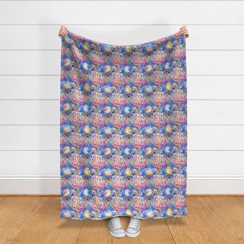 CHEATERQUILT fat BIRDS AMONG FLOWERS BLUE PINK PURPLE YELLOW BUTTERFLIES FLWRHT