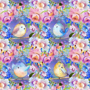 CHEATERQUILT fat BIRDS AMONG FLOWERS BLUE PINK PURPLE YELLOW BUTTERFLIES FLWRHT