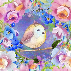 8" BROWN YELLOW fat BIRD AMONG FLOWERS TILES FLWRHT