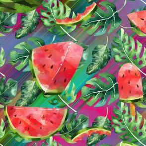 watermelon monstera on multicolor diagonal stripes FLWRHT