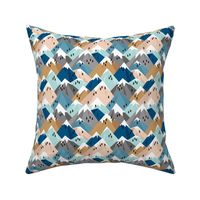 Abstract geometric winter snow topped mountains minimal climbing theme navy cinnamon blue gray M