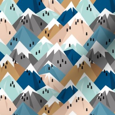 Abstract geometric winter snow topped mountains minimal climbing theme navy cinnamon blue gray M