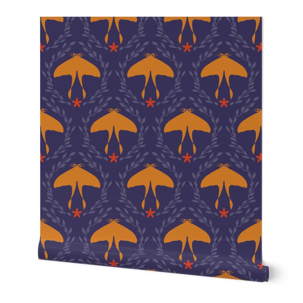 Orange butterfly. Floral purple branches. Bright Damask leaves pattern.