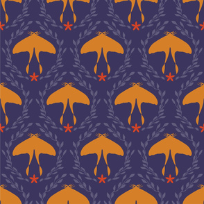 Orange butterfly. Floral purple branches. Bright Damask leaves pattern.