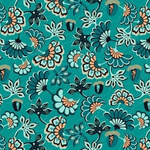 Floral folk, swirl, emerald background