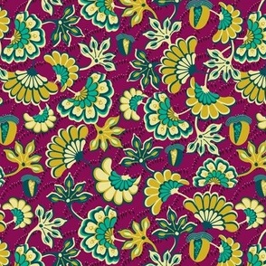 Floral folk, swirling, burgundy background