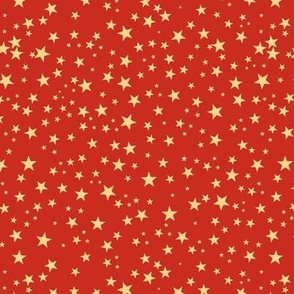 Shining golden colored stars. Night and stars pattern with red background