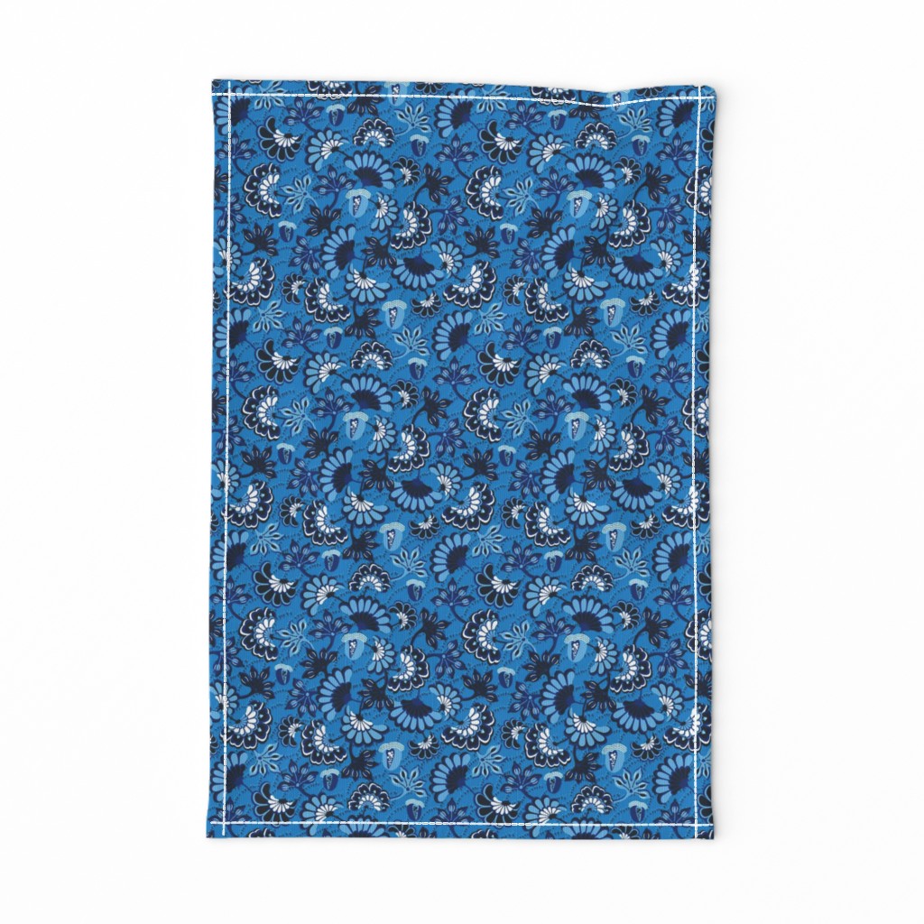 Floral folk, swirl, blue background