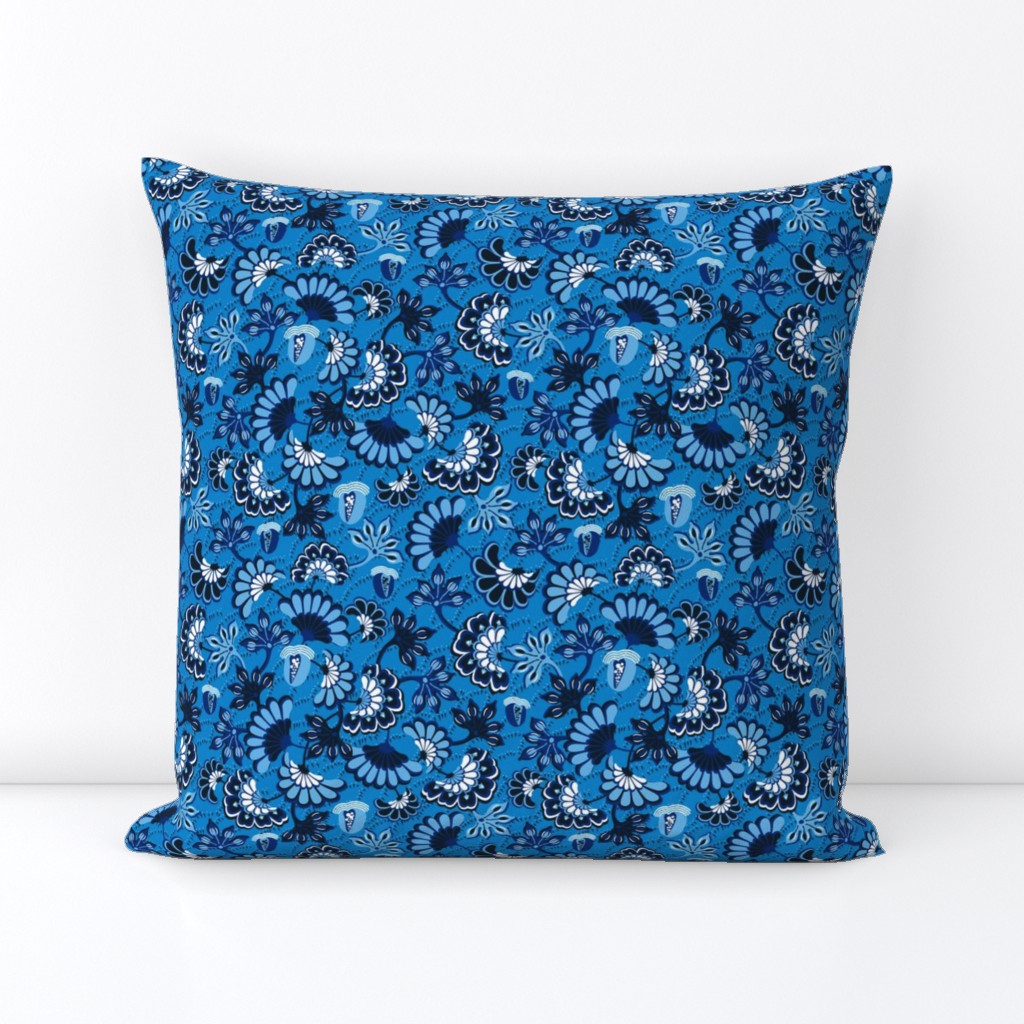 Floral folk, swirl, blue background