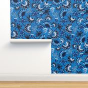 Floral folk, swirl, blue background