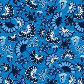 Floral folk, swirl, blue background