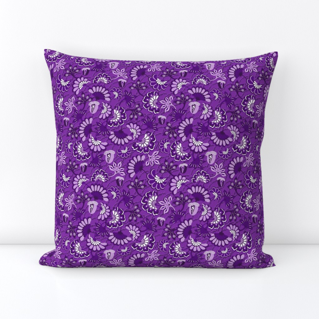 Floral folk, swirl, purple background