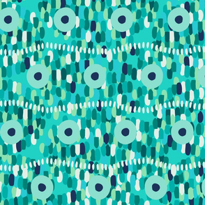 Organic stripes and circles, turquoise, light blue, dark turquoise, emerald. Horizontal position